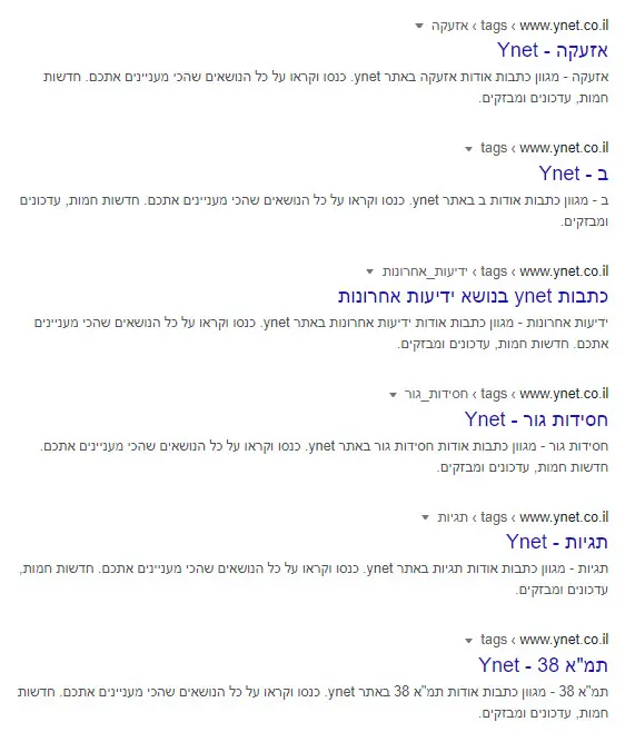 תיאורים של עמודי תגית באתר Ynet