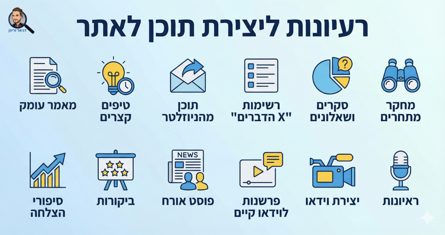 רעיונות ודרכים ליצירת תוכן באתר - מדריך מאת דניאל זריהן