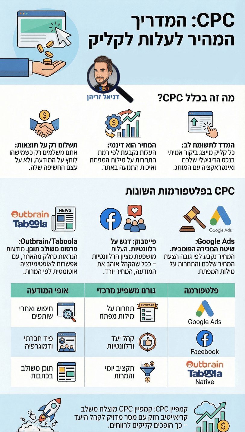 אינפוגרפיקה שמסבירה מה זה CPC (Cost Per Click) - עלות לקליק - מאת דניאל זריהן אינפוגרפיקה שמסבירה מה זה CPC (Cost Per Click) - עלות לקליק - מאת דניאל זריהן