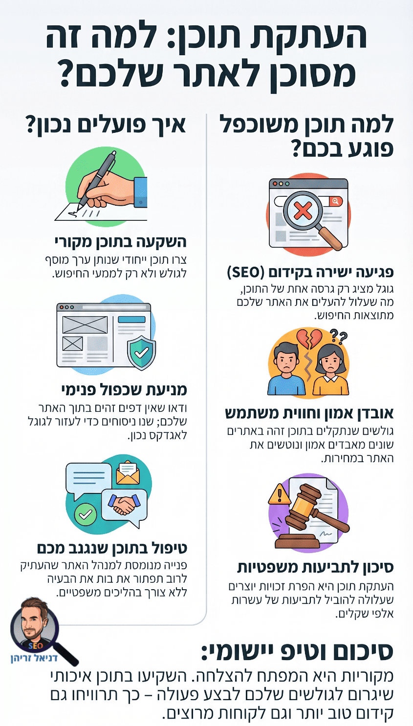 העתקת תוכן מאתרי אינטרנט - למה זה יכול לדפוק לכם את הקידום וגם להעמיד אתכם בסיכון משפטי? אינפוגרפיקה מאת דניאל זריהן העתקת תוכן מאתרי אינטרנט - למה זה יכול לדפוק לכם את הקידום וגם להעמיד אתכם בסיכון משפטי? אינפוגרפיקה מאת דניאל זריהן