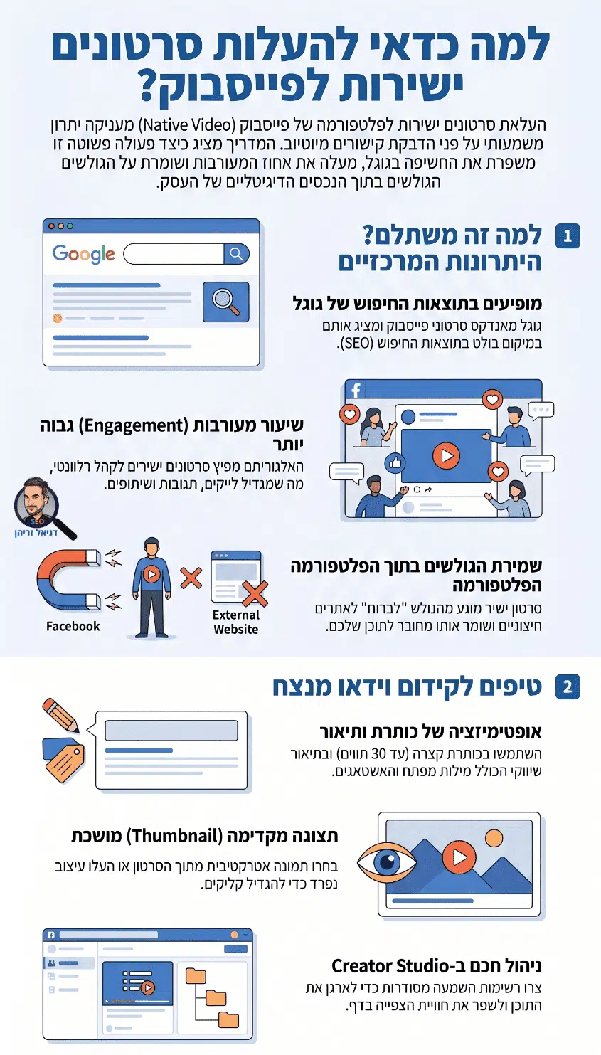 העלאה ופרסום של סרטונים לפייסבוק - אינפוגרפיקה מאת דניאל זריהן העלאה ופרסום של סרטונים לפייסבוק - אינפוגרפיקה מאת דניאל זריהן