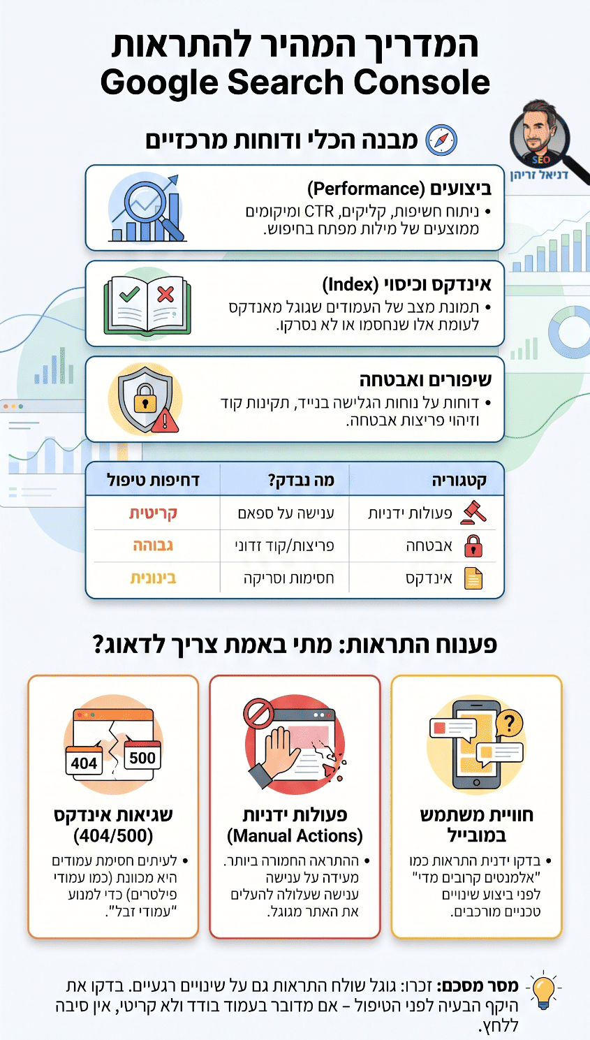התראות נפוצות מה-Search Console שכדאי להכיר - אינפוגרפיקה מאת דניאל זריהן התראות נפוצות מה-Search Console שכדאי להכיר - אינפוגרפיקה מאת דניאל זריהן