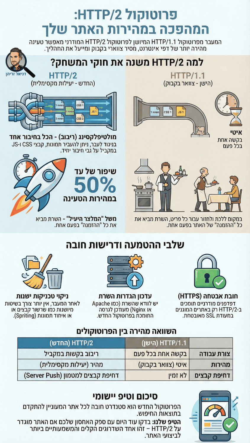 פרוטוקול HTTP/2: מה זה בכלל? יתרונות, הטמעה ועוד - אינפוגרפיקה מאת דניאל זריהן פרוטוקול HTTP/2: מה זה בכלל? יתרונות, הטמעה ועוד - אינפוגרפיקה מאת דניאל זריהן