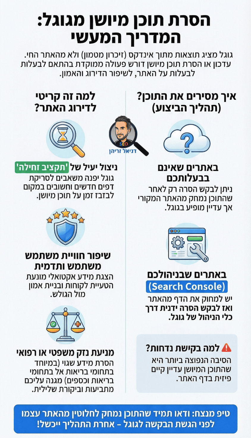 הסרת תוכן מיושן ולא רלוונטי מגוגל - הכיצד? אינפוגרפיקה מאת דניאל זריהן הסרת תוכן מיושן ולא רלוונטי מגוגל - הכיצד? אינפוגרפיקה מאת דניאל זריהן