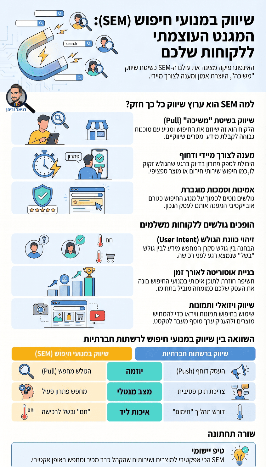 שיווק במנועי חיפוש - SEM: מה זה ולמי זה מתאים? אינפוגרפיקה מאת דניאל זריהן שיווק במנועי חיפוש - SEM: מה זה ולמי זה מתאים? אינפוגרפיקה מאת דניאל זריהן