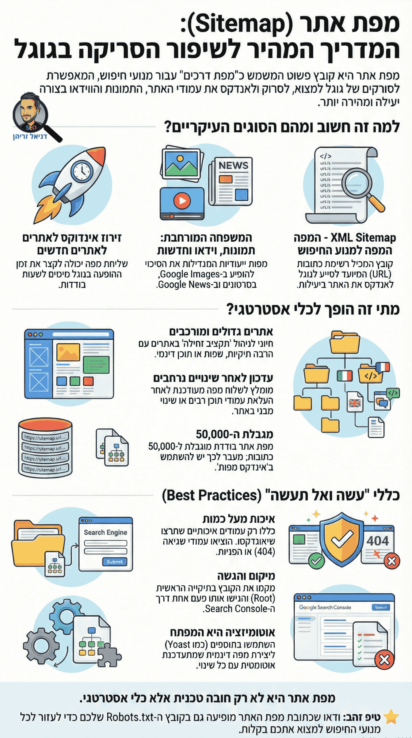 מפת אתר לקידום אתרים (Sitemap) - סוגים שונים וכל מה שחשוב לדעת - אינפוגרפיקה מאת דניאל זריהן מפת אתר לקידום אתרים (Sitemap) - סוגים שונים וכל מה שחשוב לדעת - אינפוגרפיקה מאת דניאל זריהן