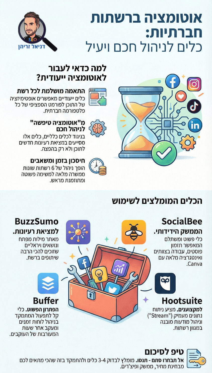 אוטומציה לרשתות חברתיות: כלים שאתם חייבים להכיר - אינפוגרפיקה מאת דניאל זריהן אוטומציה לרשתות חברתיות: כלים שאתם חייבים להכיר - אינפוגרפיקה מאת דניאל זריהן