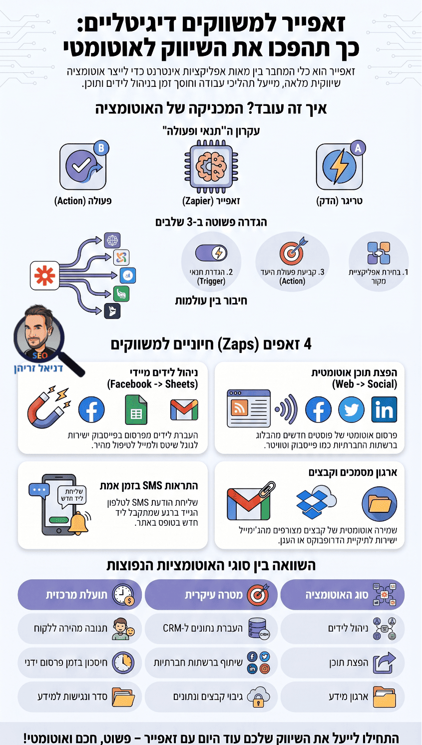 עבודה עם זאפייר (Zapier) וכמה "זאפים" מומלצים לשיווק באינטרנט - אינפוגרפיקה מאת דניאל זריהן עבודה עם זאפייר (Zapier) וכמה "זאפים" מומלצים לשיווק באינטרנט - אינפוגרפיקה מאת דניאל זריהן