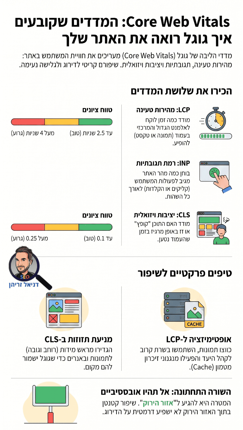 Core Web Vitals: מדדי המהירות וחווית המשתמש של גוגל - אינפוגרפיקה מאת דניאל זריהן Core Web Vitals: מדדי המהירות וחווית המשתמש של גוגל - אינפוגרפיקה מאת דניאל זריהן