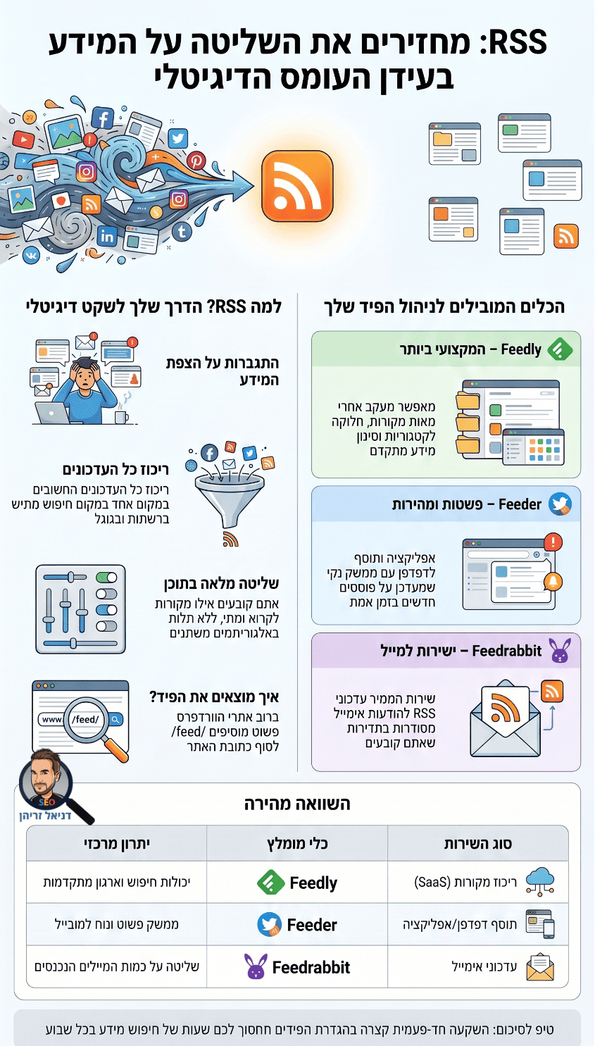 איך להתעדכן בכל מה שחדש עם Feedly וקוראי RSS - אינפוגרפיקה מאת דניאל זריהן איך להתעדכן בכל מה שחדש עם Feedly וקוראי RSS - אינפוגרפיקה מאת דניאל זריהן
