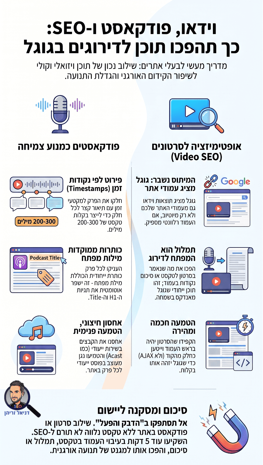 איך להשתמש בסרטונים ופודקאסטים לטובת קידום אתרים קלאסי (On Page) - אינפוגרפיקה מאת דניאל זריהן איך להשתמש בסרטונים ופודקאסטים לטובת קידום אתרים קלאסי (On Page) - אינפוגרפיקה מאת דניאל זריהן