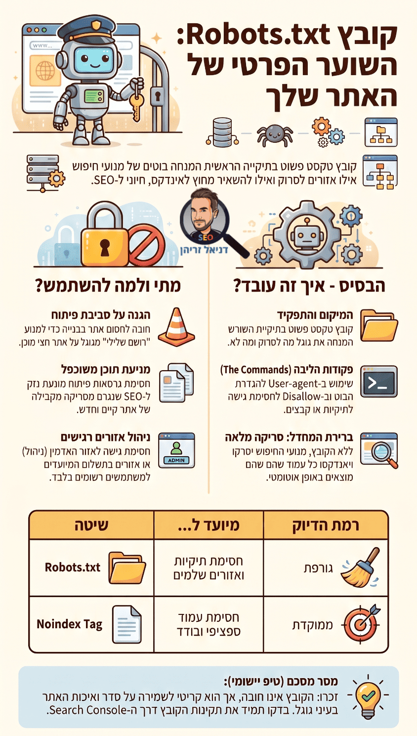 קובץ רובוטס (robots.txt) - למה צריך אותו? אינפוגרפיקה מאת דניאל זריהן קובץ רובוטס (robots.txt) - למה צריך אותו? אינפוגרפיקה מאת דניאל זריהן