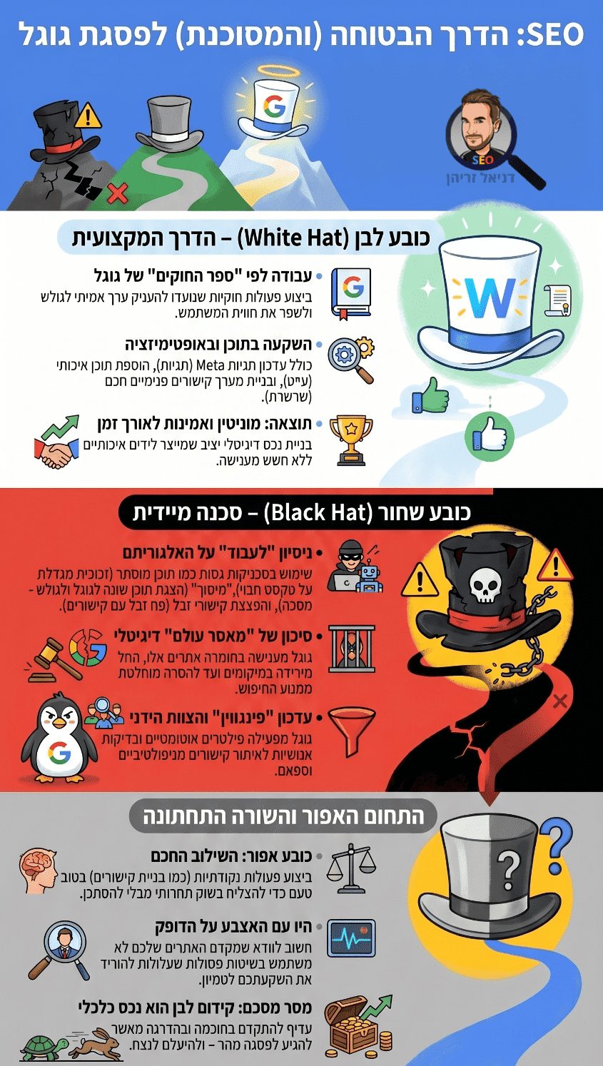 קידום אתרים כובע לבן (White Hat SEO) וסוגים אחרים - אינפוגרפיקה מאת דניאל זריהן קידום אתרים כובע לבן (White Hat SEO) וסוגים אחרים - אינפוגרפיקה מאת דניאל זריהן