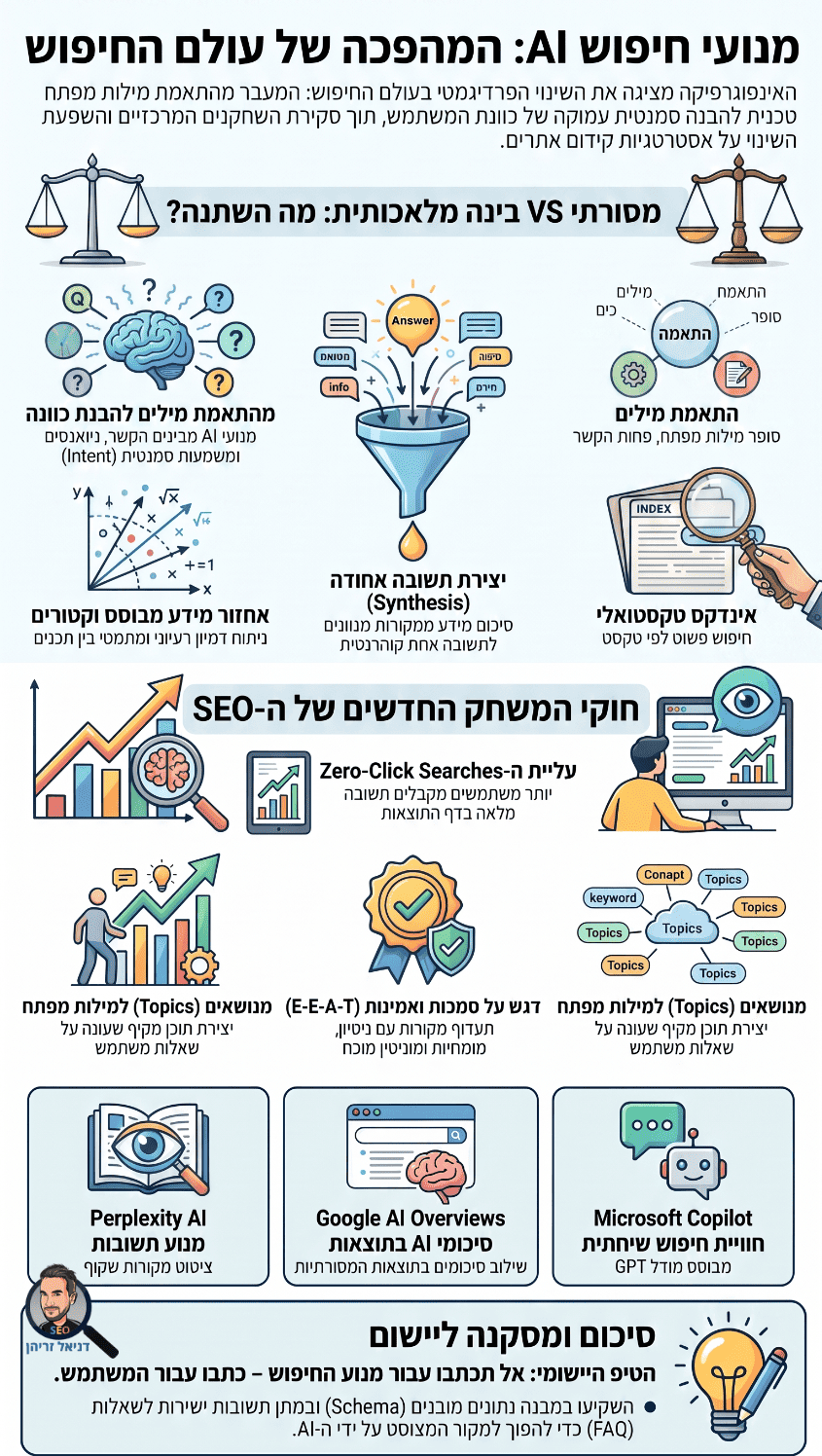 מנועי חיפוש AI: איך הם עובדים וסקירה על מנועים מובילים - אינפוגרפיקה של דניאל זריהן מנועי חיפוש AI: איך הם עובדים וסקירה על מנועים מובילים - אינפוגרפיקה של דניאל זריהן