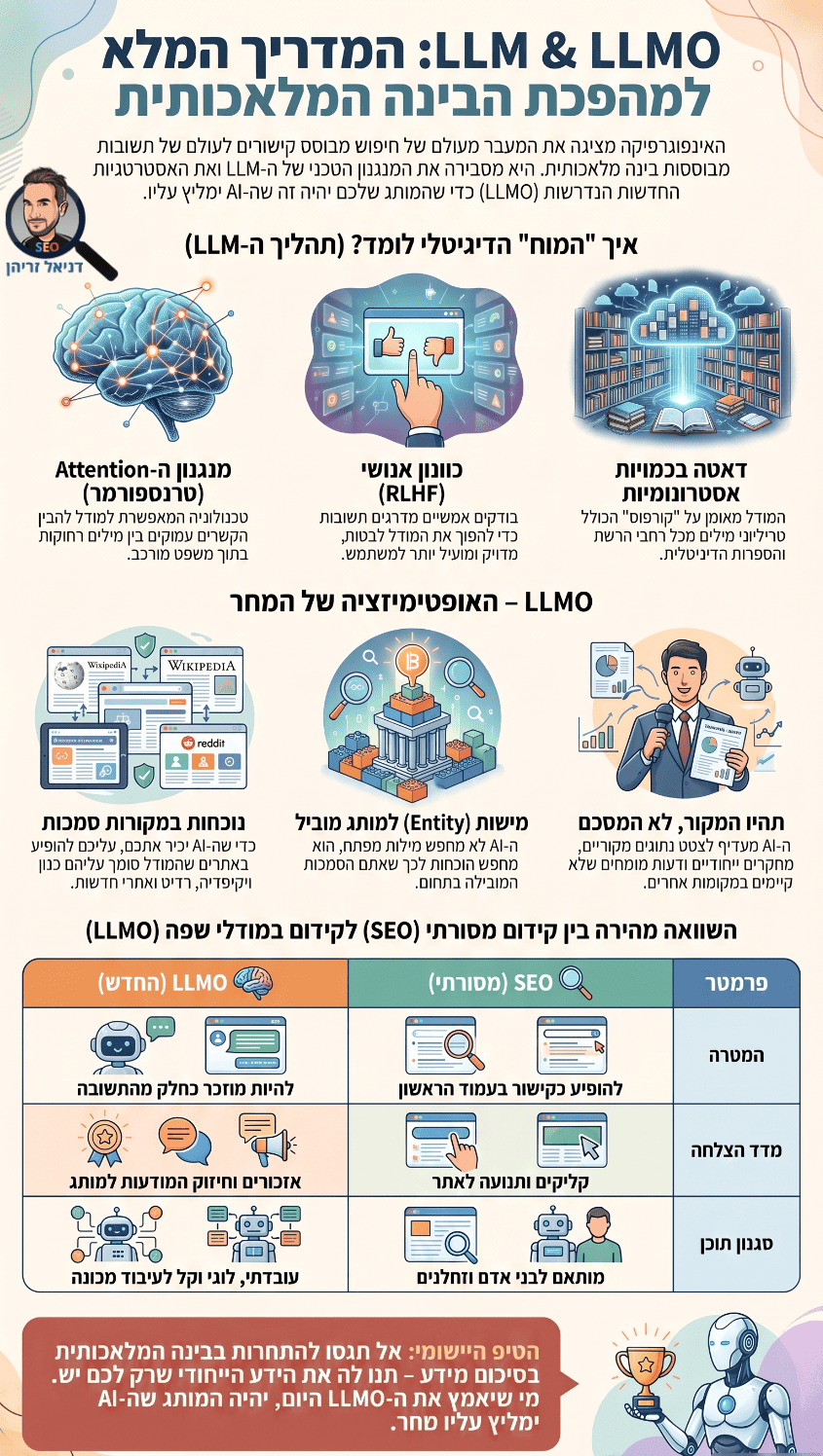 מודלי שפה גדולים (LLM) + קידום LLMO (קידום למודפי שפה גדולים) - אינפוגרפיקה מאת דניאל זריהן מודלי שפה גדולים (LLM) + קידום LLMO (קידום למודפי שפה גדולים) - אינפוגרפיקה מאת דניאל זריהן