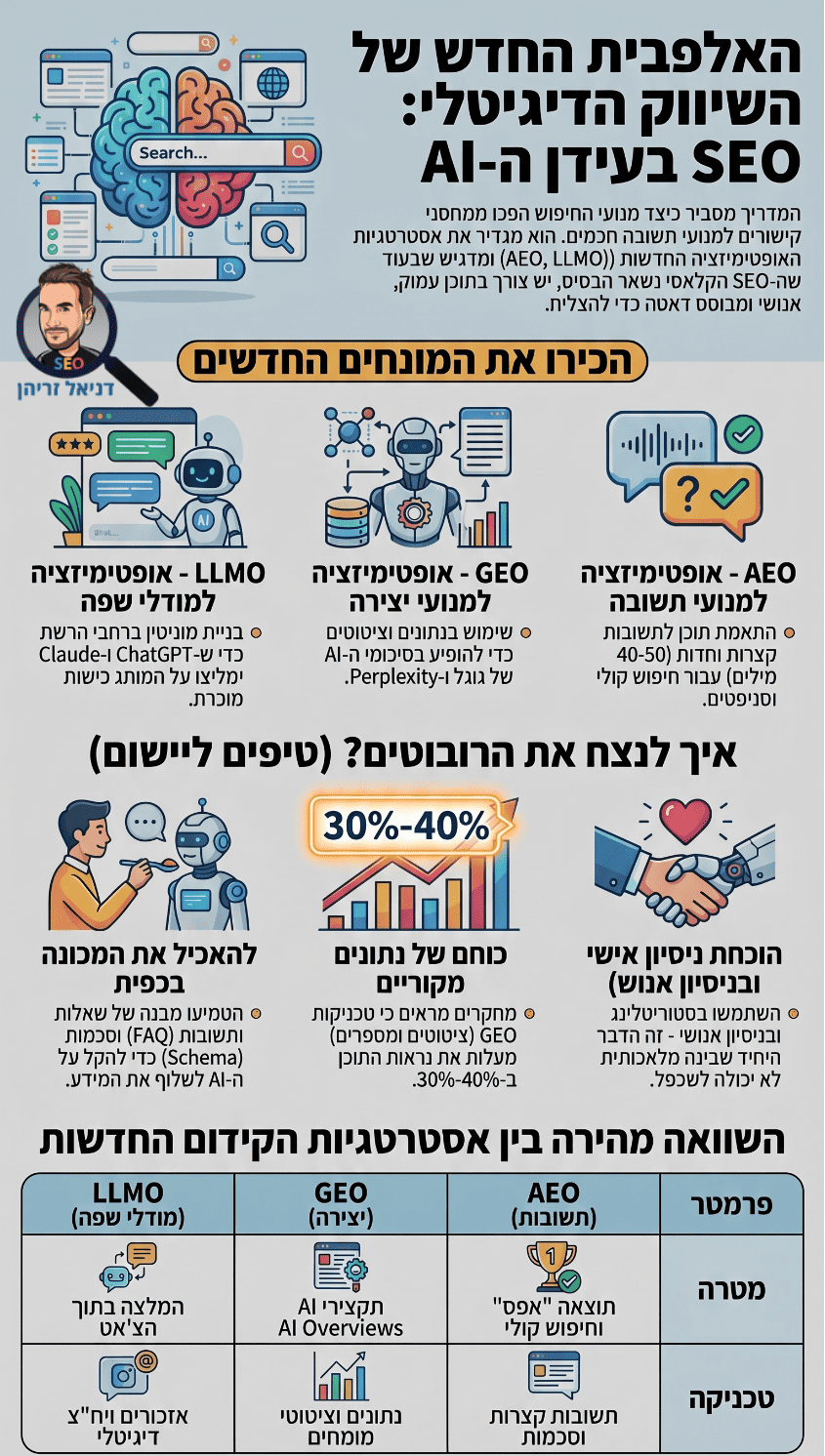 מה ההבדל בין GEO, AEO, AIO ל-LLMO (ואיך שורדים את זה)? אינפוגרפיקה מאת דניאל זריהן מה ההבדל בין GEO, AEO, AIO ל-LLMO (ואיך שורדים את זה)? אינפוגרפיקה מאת דניאל זריהן